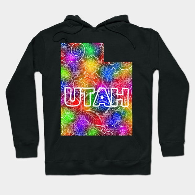 Colorful mandala art map of Utah with text in multicolor pattern Hoodie by Happy Citizen